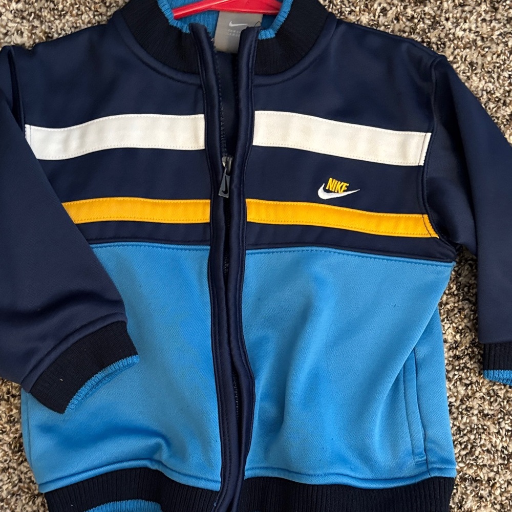 Vintage Nike Navy and Sky Blue Jacket with Yellow Stripe